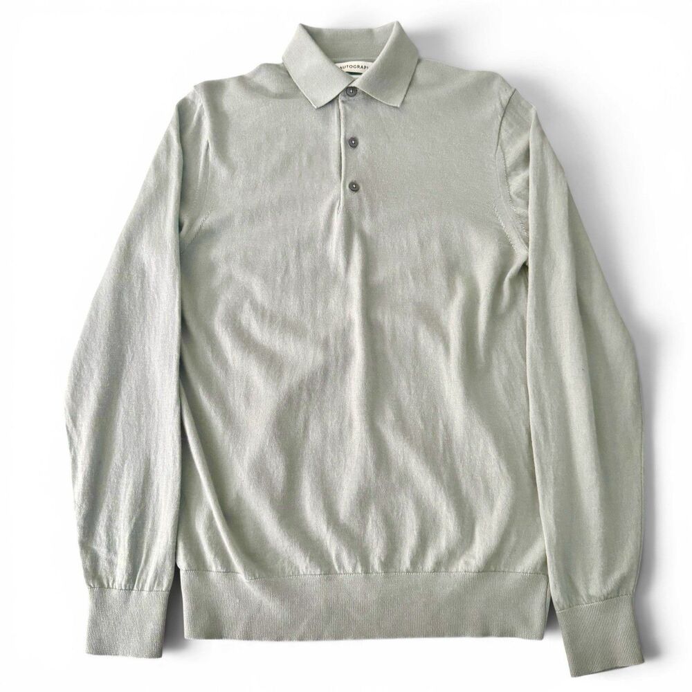 Autograph Merino Wool Sweater Men M Green Gray Extra Fine Soft Long Sleeve Polo
